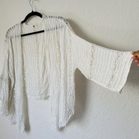 Free People One Willow Kimono White Lace Floral Open Front Tie Beach Boho Preppy - Picture 5 of 12